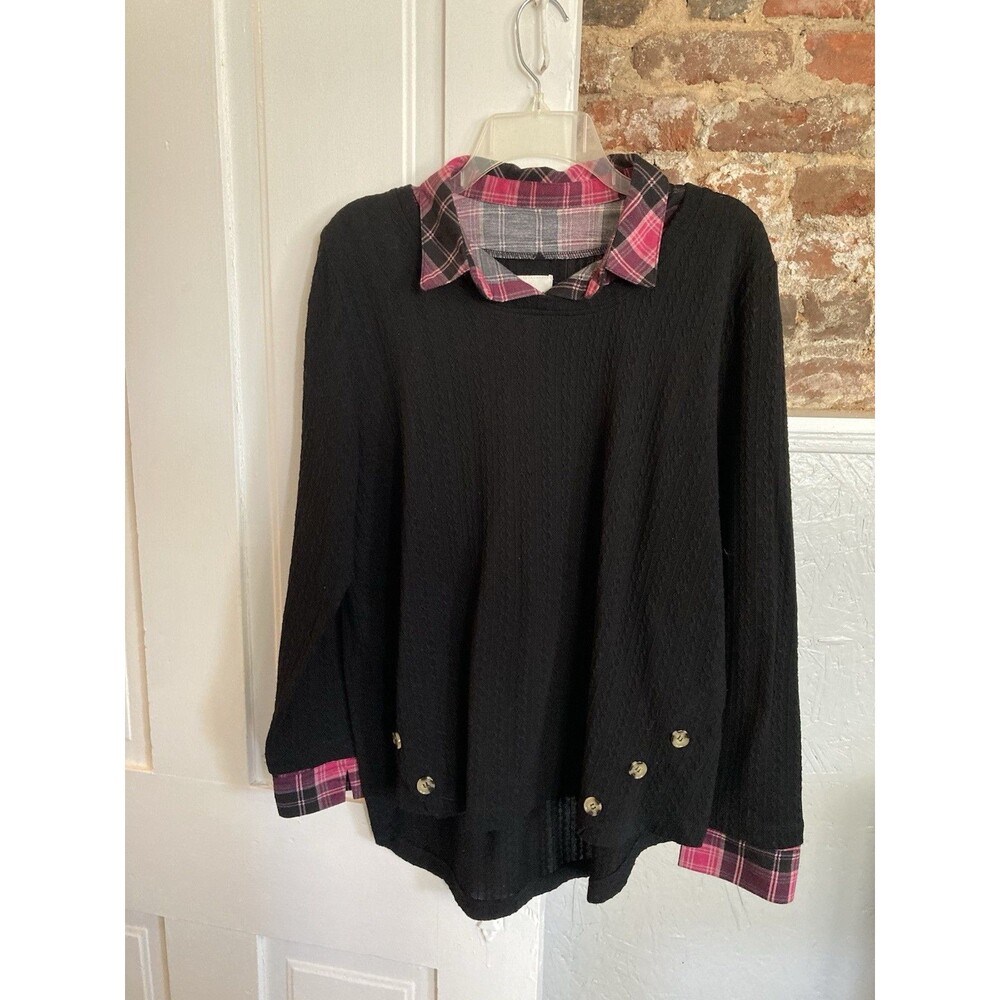New York Laundry Top XL Black & Pink Plaid Button Accents Relaxed Good Condition